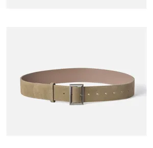 Detailed close-up view of the stylish khaki suede women belt with a metal square buckle.