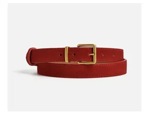 Close-up of a red suede leather belt with retro brass buckle, stylish apparel detail view.
