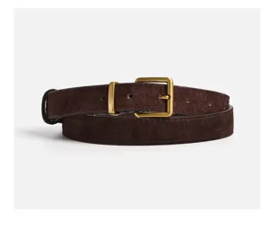 Close-up detail of a brown suede leather belt with a square gold metal buckle for women.