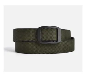 Close-up detail of the army green tactical nylon belt with durable black smooth buckle.