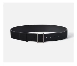 Black suede belt detail showcasing the refined silver rectangle buckle and texture.