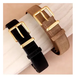 Suede genuine leather women's belt with gold square buckle casual jeans dress waist belt