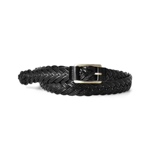 Black braided women's belt coiled on white background, thin leather belt with gold buckle