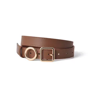 Dames bruine lederen riem met dubbele metalen gespen, stijlvolle taille riem voor broek.