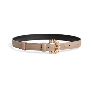 Women fashion khaki leather belt with unique gold metal buckle, elegant everyday accessory.