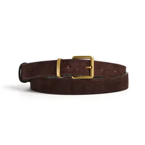 Dark brown suede leather women belt with vintage gold square buckle coiled main view display