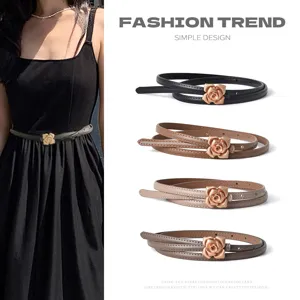 Women Genuine Leather Skinny Belt Metal Flower Buckle Thin Waist Strap For Sweater Dress Fashion Waistband