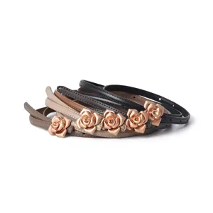 Women genuine leather thin belt with rose metal buckle stylish waist accessory for dresses