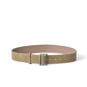 Women khaki suede wide belt with silver square buckle, elegant waist accessory for coats.