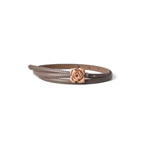 Elegant thin leather belt for women featuring a chic metal rose flower buckle for dresses.