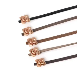 Women thin leather belt with metal rose flower buckle elegant dress waist accessory