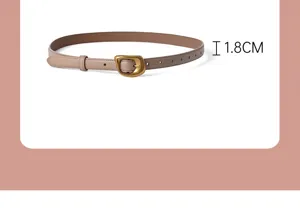 Detail view of the elegant genuine leather belt featuring a unique golden buckle and slim width.
