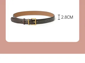 Dark brown leather belt detail shot featuring a gold-toned pin buckle and 2.8cm width.