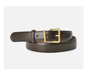 Women's genuine leather belt in dark brown with a stylish gold-tone metal pin buckle.