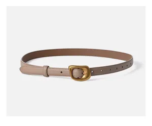 Women designer genuine leather belt with artistic gold buckle, stylish minimalist jeans belt.