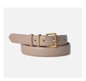 Close-up detail of the retro women's leather belt featuring a matte gold square pin buckle.