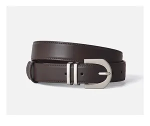 Dark brown leather women's belt detail, featuring silver pin buckle and dual loops for daily use.