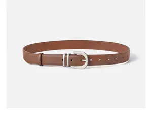 Classic women's brown leather belt with silver pin buckle, simple fashion style for jeans.