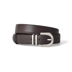 Classic women's brown leather belt with silver pin buckle, elegant design for casual wear and jeans.