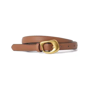Women's genuine leather belt main view, stylish brown strap with unique matte gold buckle.