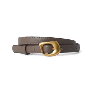 Women's minimalist genuine leather belt with irregular matte gold buckle for jeans casual wear