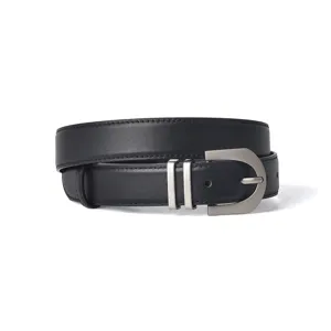 Women black genuine leather belt with metal buckle, classic casual fashion style main.
