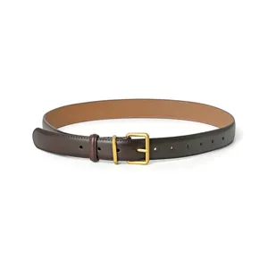 Classic brown leather belt for women with vintage metal pin buckle, main view studio shot.