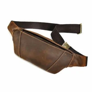 Vintage genuine leather waist bag detail showcasing size, dimensions and multi-functional design.