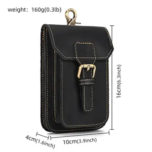 Genuine leather waist bag for men, black multi-layer phone pouch with belt loop.