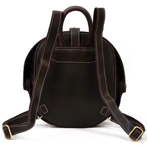 Detail view of dark brown crazy horse leather backpack, beetle shape design for men.