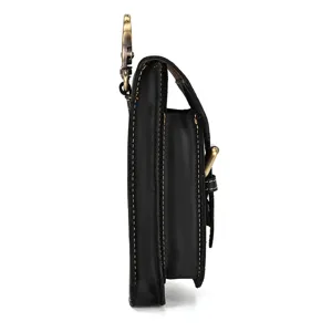 Men's black leather waist bag belt pouch detail view, premium genuine leather material.