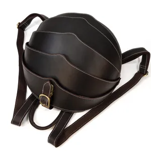 Unique dark brown leather backpack with creative beetle shell design, stylish daily daypack.