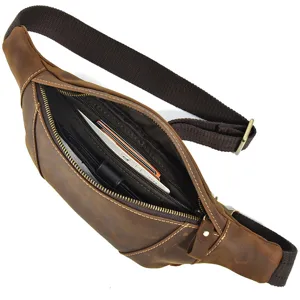 Vintage genuine crazy horse leather waist bag multi-functional chest pack for men outdoor