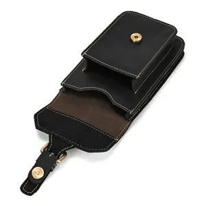 Genuine leather men waist bag black belt pouch multi-pocket phone holster for outdoor travel.