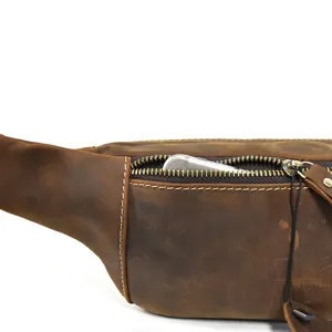 Vintage genuine crazy horse leather waist bag detail, multi-functional chest bag for men outdoor.