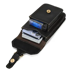 Black genuine crazy horse leather waist bag for men, multifunctional belt pouch detail view.