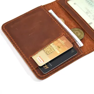 Detailed view of handmade vintage cowhide leather mini card holder and coin purse with multiple card slots.