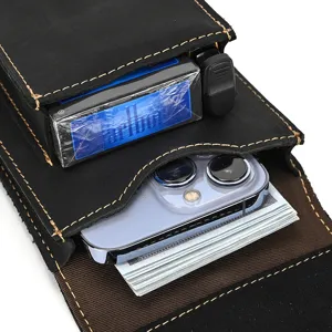 Genuine leather black waist bag for men, multi-functional belt pouch for phone and cards.