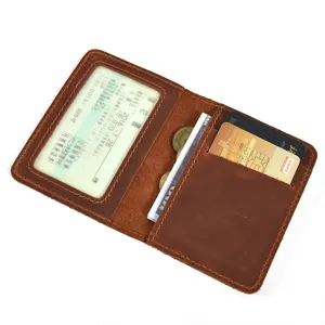 Vintage genuine leather card holder, mini wallet and ID case with multiple card slots.