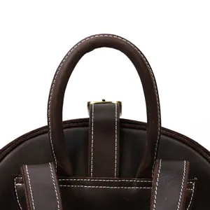 Premium genuine leather backpack detail, vintage crazy horse brown shell design for men.