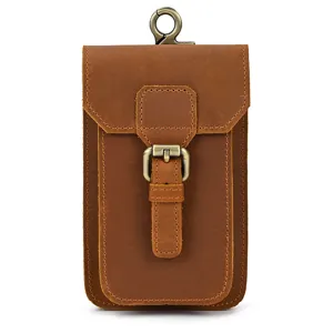 Genuine leather waist bag for men, vintage belt holster pouch with metal buckle hook.