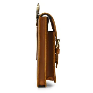Side detail view of brown crazy horse leather men waist bag, multi-compartment design.
