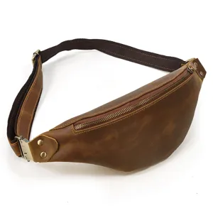 Vintage genuine crazy horse leather waist bag for men multi-functional chest sling pack