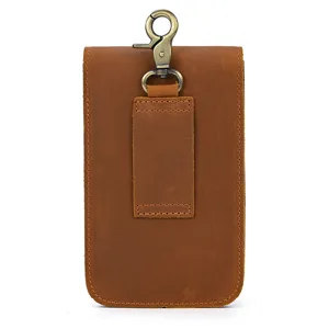 Genuine leather phone holster detail, vintage crazy horse leather belt pouch metal hook back view.