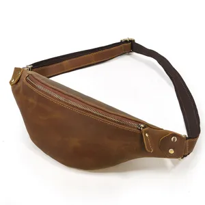 Vintage crazy horse leather fanny pack detail, men casual crossbody chest bag for outdoor.