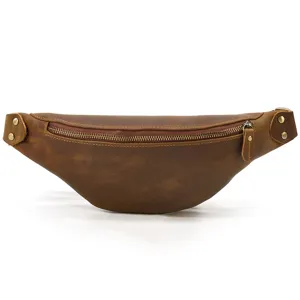 Detail view of vintage genuine leather waist bag, multi-functional chest bag for men.