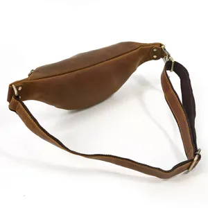 Vintage genuine leather waist bag detail, retro crazy horse chest pack with adjustable strap.