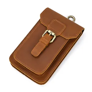 Genuine leather men's waist bag vintage crazy horse phone pouch with belt loop design