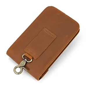 Brown crazy horse leather men waist bag detail featuring sturdy belt loop and metal hook.