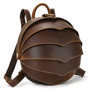 Vintage Crazy Horse Leather Backpack Unique Beetle Shell Shaped Casual Rucksack for Men